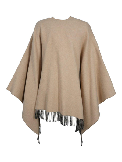 Shop Fendi Reversible Monogram Jacquard Fringed Poncho In Beige