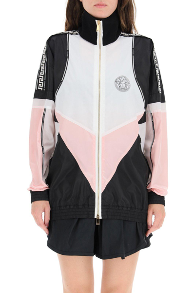 Shop Versace Greca Logo Print Colour-block Jacket In White