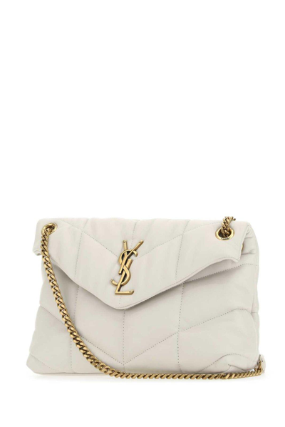 Shop Saint Laurent Logo Plaque Strapped Shoulder Bag In Crema Soft