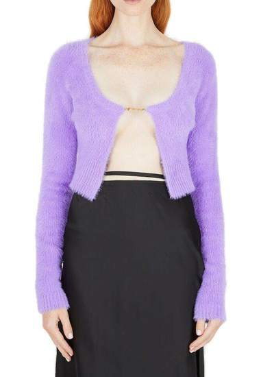 Shop Jacquemus Fluffy Charm Logo Long Sleeved Cardigan In Purple