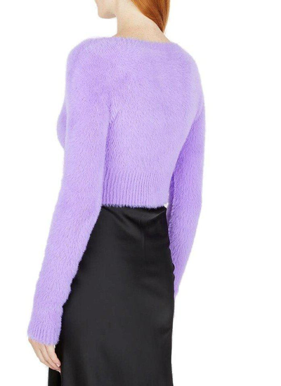 Shop Jacquemus Fluffy Charm Logo Long Sleeved Cardigan In Purple