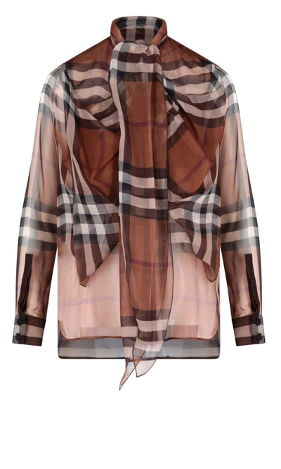 Shop Burberry Check Printed Chiffon Pussy-bow Blouse In Dark Birchbrown
