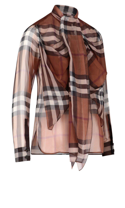 Shop Burberry Check Printed Chiffon Pussy-bow Blouse In Dark Birchbrown