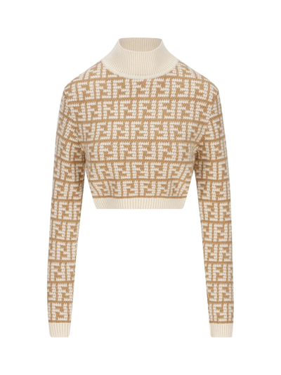 Shop Fendi Monogram Jacquard Cropped Knit Jumper In Camel