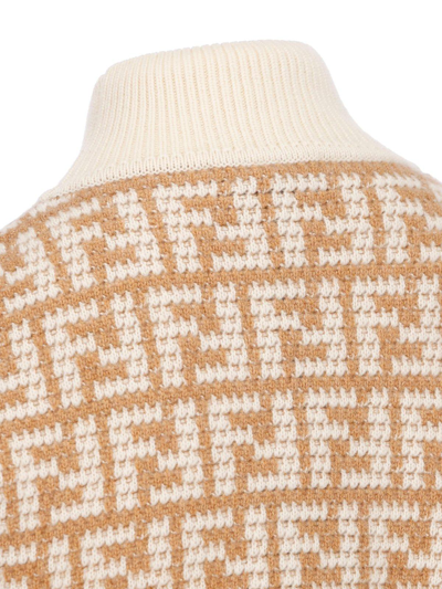 Shop Fendi Monogram Jacquard Cropped Knit Jumper In Camel