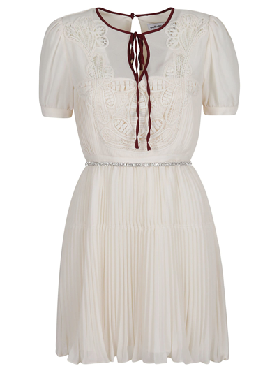 Shop Self-portrait Macrame Lace Chiffon Mini Dress In Ivory
