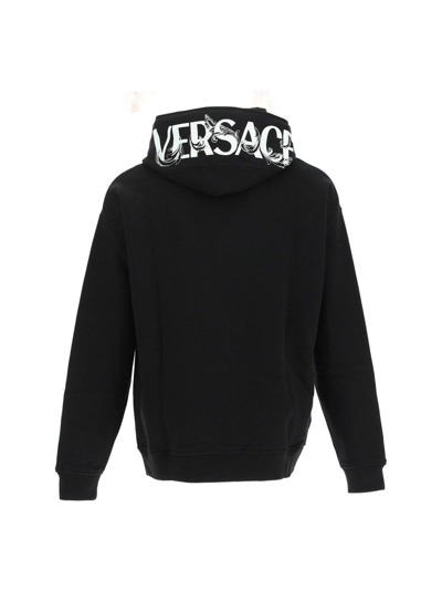Shop Versace Logo Printed Drawstring Hoodie In Black