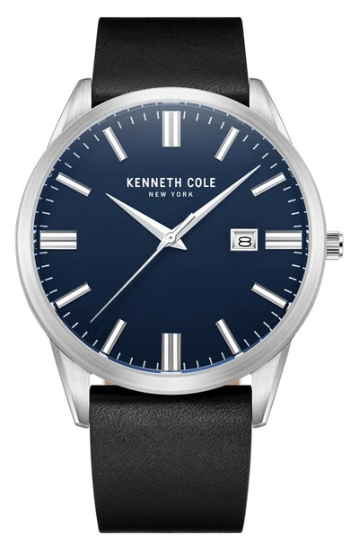 Shop Kenneth Cole Classic Leather Strap Watch In Black