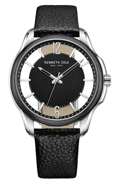 Shop Kenneth Cole Transparency Leather Strap Watch, 42mm In Black