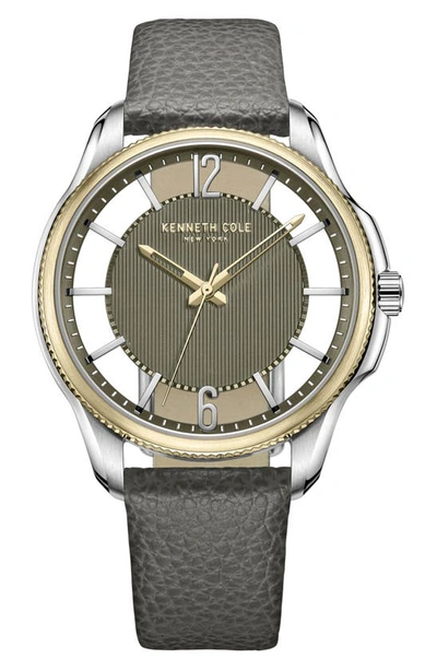 Shop Kenneth Cole Transparency Leather Strap Watch, 42mm In Grey