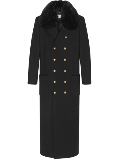 Shop Saint Laurent Faux-fur Trim Double-breasted Coat In Black