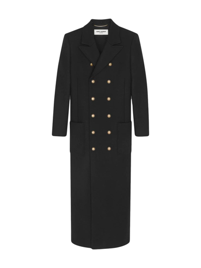 Shop Saint Laurent Faux-fur Trim Double-breasted Coat In Black