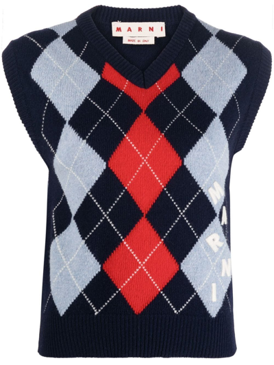Shop Marni Argyle Intarsia-knit Virgin Wool Vest In Blue