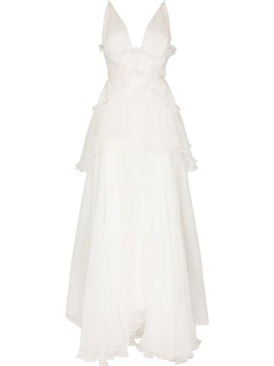 Shop Maria Lucia Hohan Lana V-neck Ruffled Maxi Dress In White