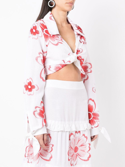 Shop Amir Slama Floral-embroidered Cropped Shirt In White