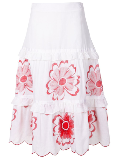 Shop Amir Slama Floral-embroidered Tiered Skirt In White