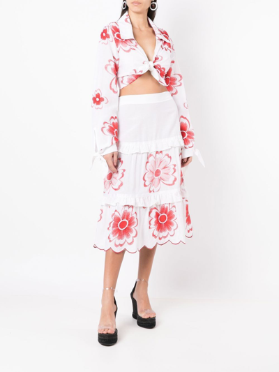 Shop Amir Slama Floral-embroidered Tiered Skirt In White