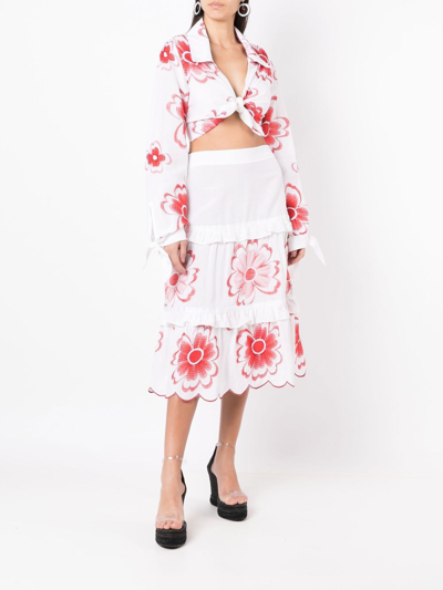 Amir Slama Floral-embroidered Tiered Skirt In White