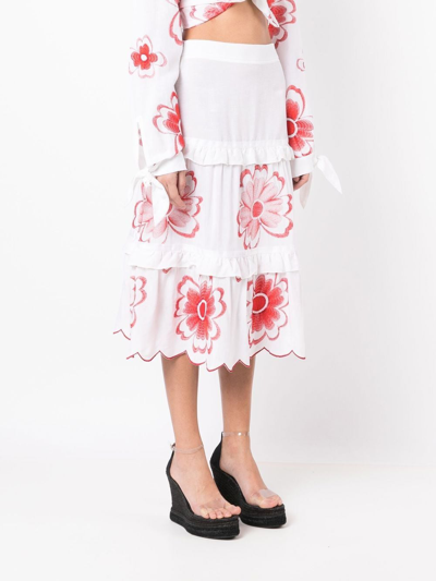 Shop Amir Slama Floral-embroidered Tiered Skirt In White