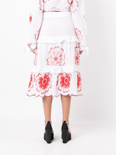 Shop Amir Slama Floral-embroidered Tiered Skirt In White