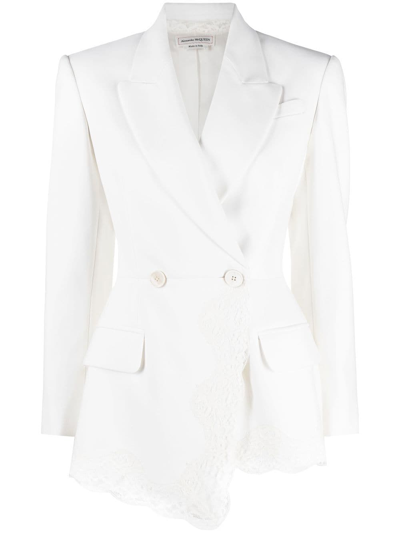 Shop Alexander Mcqueen Double-breasted Lace-trim Blazer In Nude