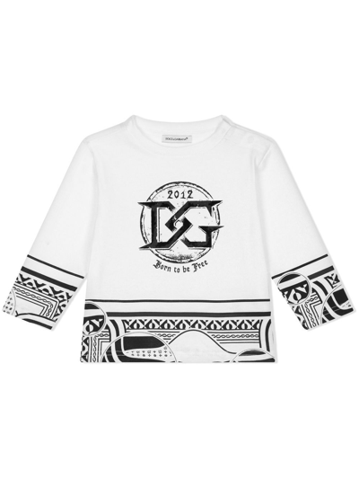 Shop Dolce & Gabbana Bandana Logo-print Long-sleeve Top In White