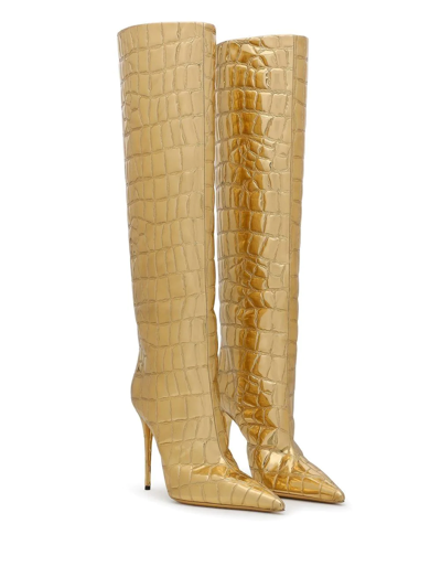 Dolce & Gabbana Metallic Croc-effect Knee Boots In Nude
