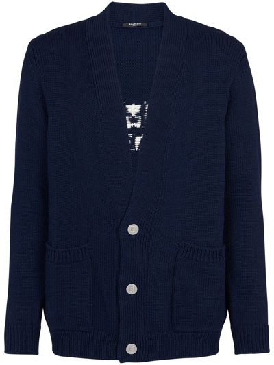 Shop Balmain Logo-knitted Cardigan In Blue