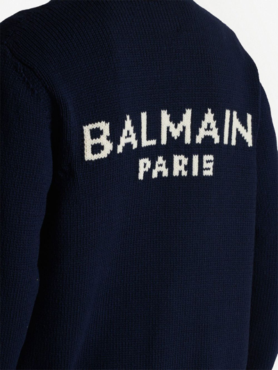 Shop Balmain Logo-knitted Cardigan In Blue