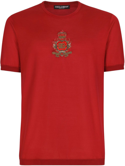 Shop Dolce & Gabbana Heraldic-patch Silk T-shirt In Red