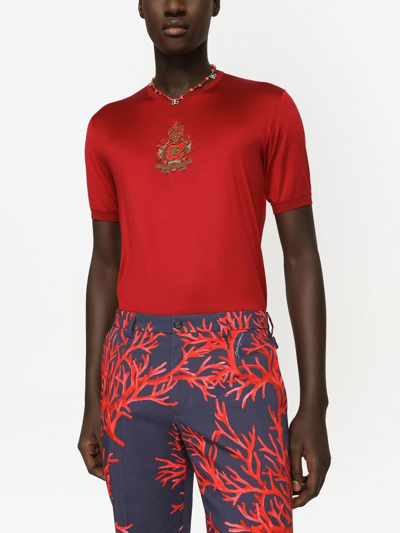 Shop Dolce & Gabbana Heraldic-patch Silk T-shirt In Red