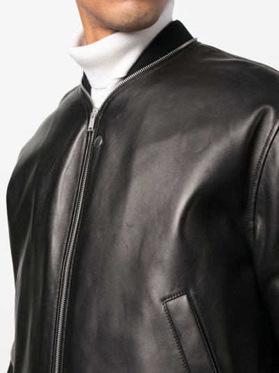 Leather Zip-up Bomber Jacket In Black