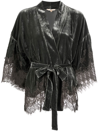 Shop Gold Hawk Lace-detail Velvet Belted Jacket In Grau