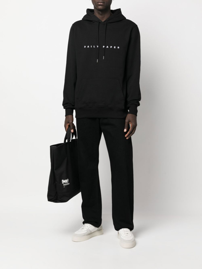 Daily Paper Drawstring Logo Print Hoodie In Schwarz