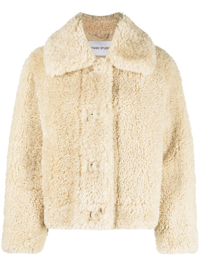 Shop Stand Studio Faux-fur Buttoned Jacket In Nude
