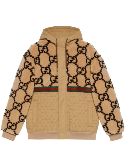 Shop Gucci Gg Jacquard Faux Fur Jacket In Neutrals