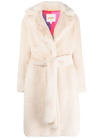 Shop Apparis Belted Faux-fur Coat In Nude