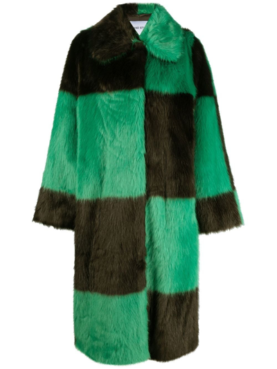 Stand Studio Checked Faux-fur Coat In Green,brown | ModeSens