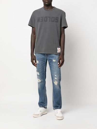 Golden Goose Green Crewneck T-shirt With Logo On The Front And Logo Patch On The Front In Grau