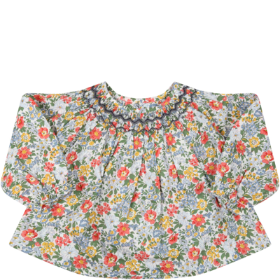 Shop Bonpoint White Blouse For Baby Girl With Flowers In Multicolor