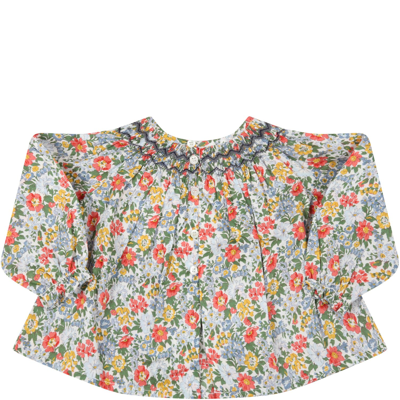 Shop Bonpoint White Blouse For Baby Girl With Flowers In Multicolor