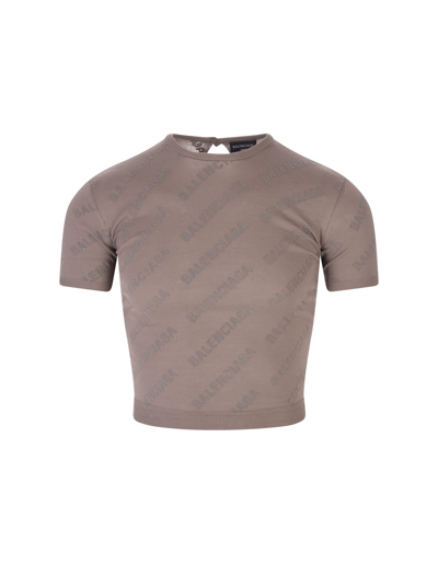 Shop Balenciaga Man Mini All-over Logo Crop Short Sleeve Pullover In Beige