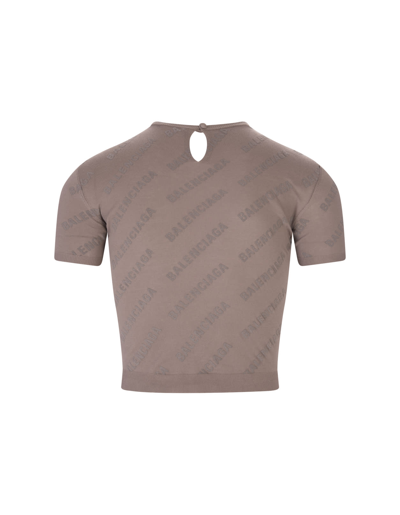 Shop Balenciaga Man Mini All-over Logo Crop Short Sleeve Pullover In Beige