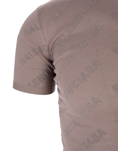 Shop Balenciaga Woman Mini All-over Logo Crop Short Sleeve Pullover In Beige