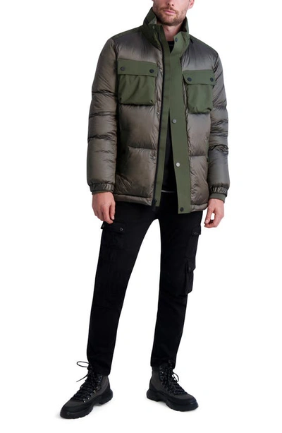 Shop Karl Lagerfeld Mixed Media Quilted Coat In Olive