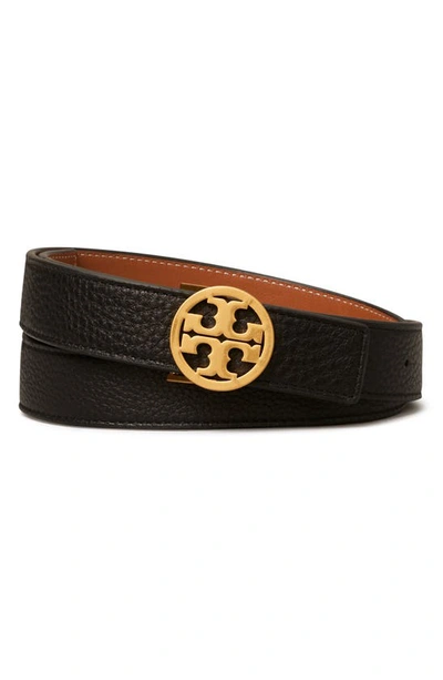 Shop Tory Burch Miller 1-inch Reversible Logo Belt In Black / Classic Cuoio / Gold