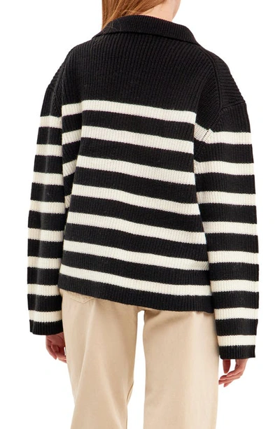 Shop English Factory Stripe Half-zip Sweater In Black/ White
