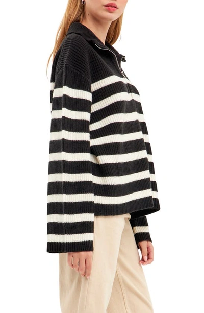 Shop English Factory Stripe Half-zip Sweater In Black/ White