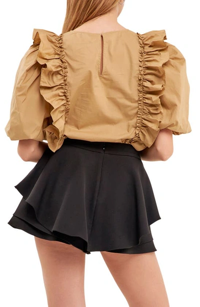 English Factory Double Ruffle Poplin Puff Sleeve Shirt In Tawny