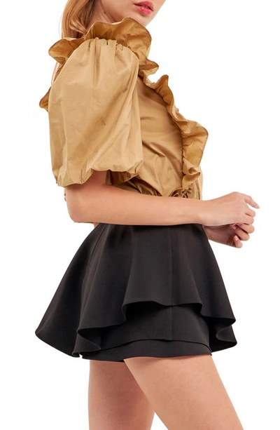 English Factory Double Ruffle Poplin Puff Sleeve Shirt In Tawny